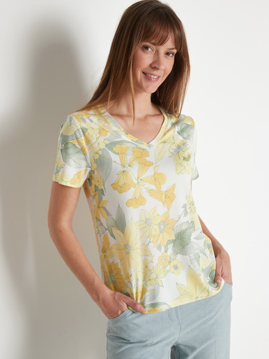 Tee-shirt fleuri maille fluide - Charmance - Imprimé jaune