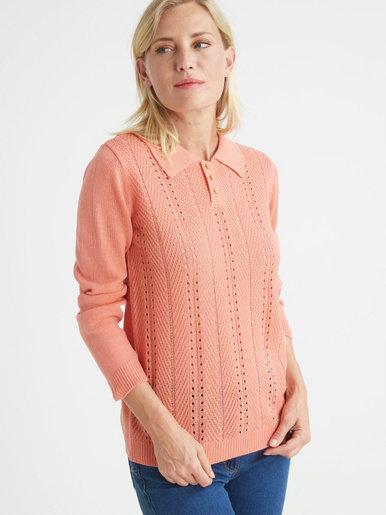 Pull col polo point ajouré - Charmance - Rose